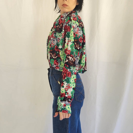70s Green and Red Home Made Floral Button Down