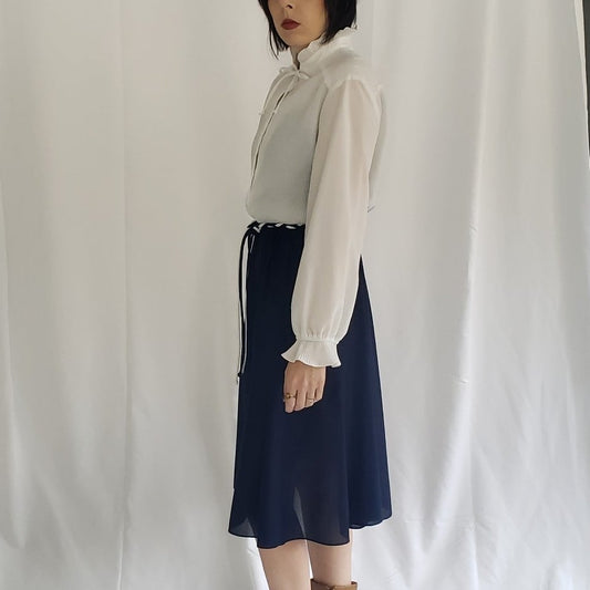 70s White and Blue Day Dress with Pleated Top