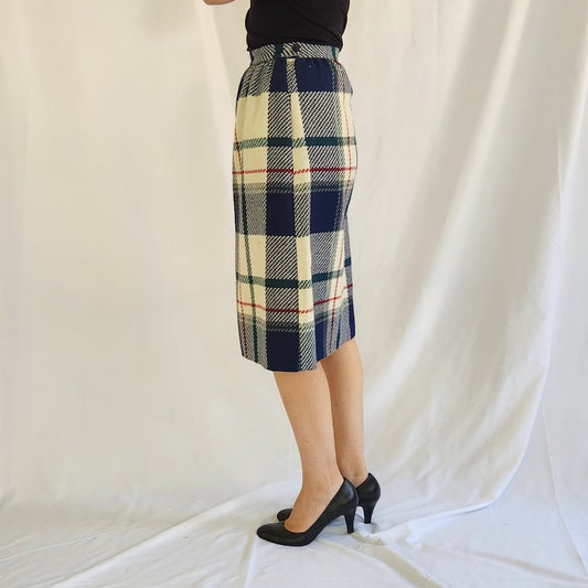 80s/90s Cream and Blue Plaid Wool Blend Skirt
