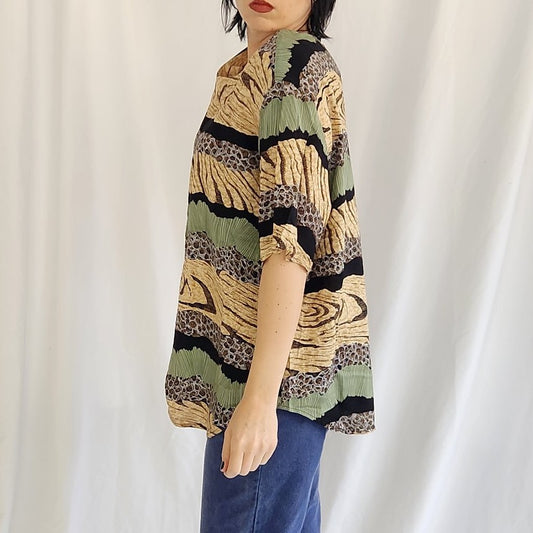 90s Funky Tan and Green Rayon Tee