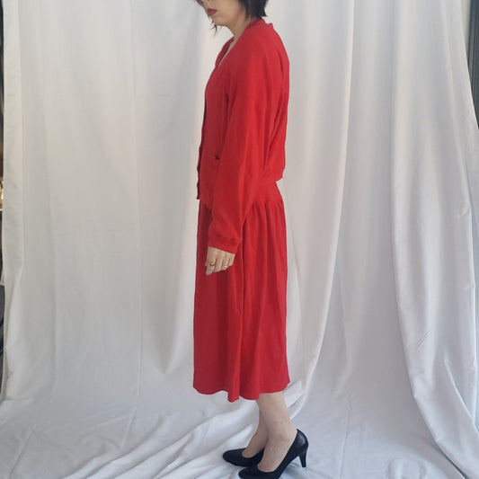 90s Red Cardigan and Skirt Set
