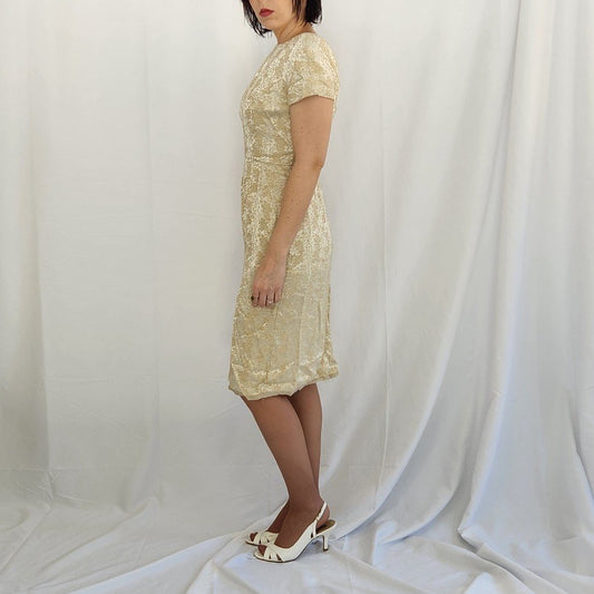 60s Cream Floral Textured Wiggle Dress