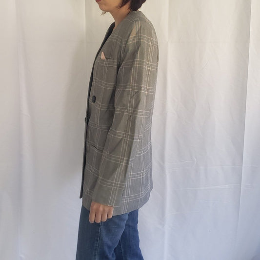 90s Gray and Pink Plaid Double Breasted Blazer