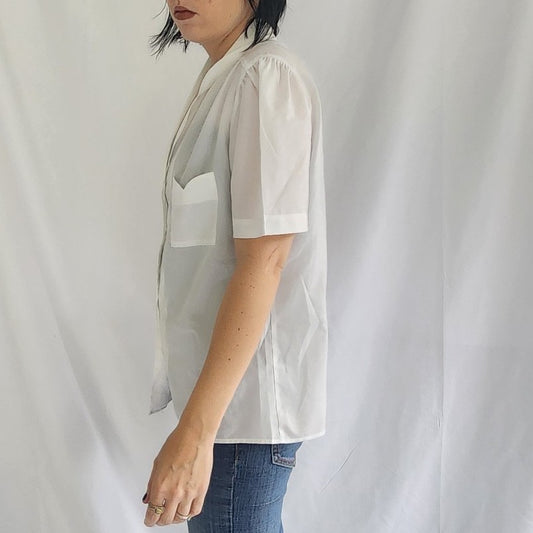 70s White Button Down Short Sleeve Blouse
