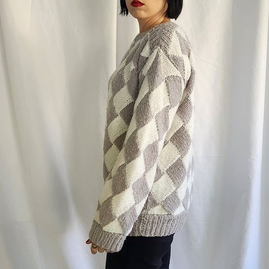 80s Home Made Gray and White Checked Sweater