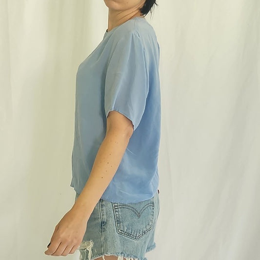 90s Blue Silk Short Sleeve Blouse