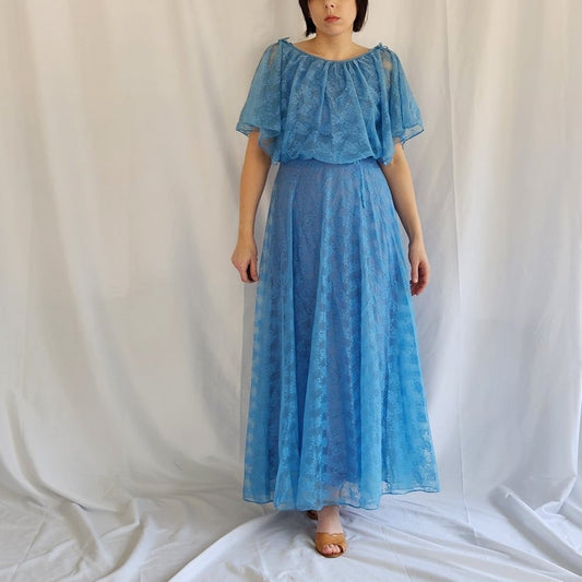 70s Blue Floral Lacy Dress