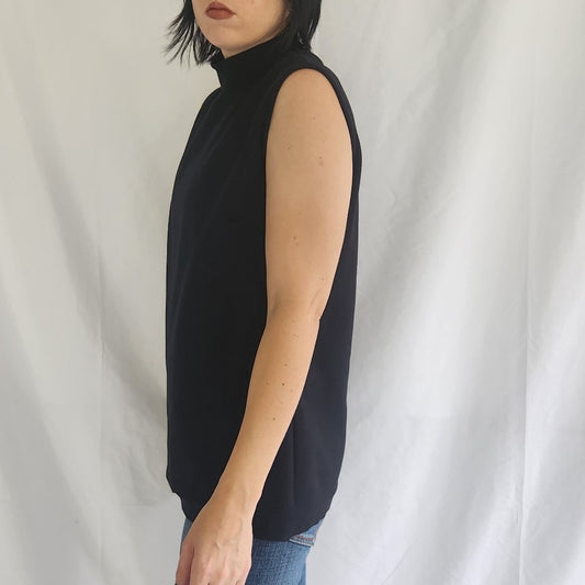 70s Black Mock Neck Sleeveless Top