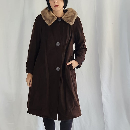 50s/60s Brown Wool Swing Coat with Mink Collar