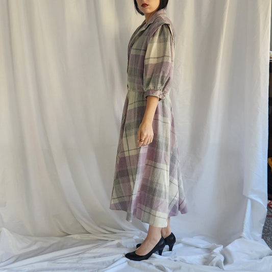 70s/80s Purple and Gray Plaid Midi Dress