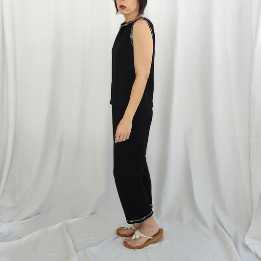 90s/Y2K Black with Flower Accents Top and Pants Set
