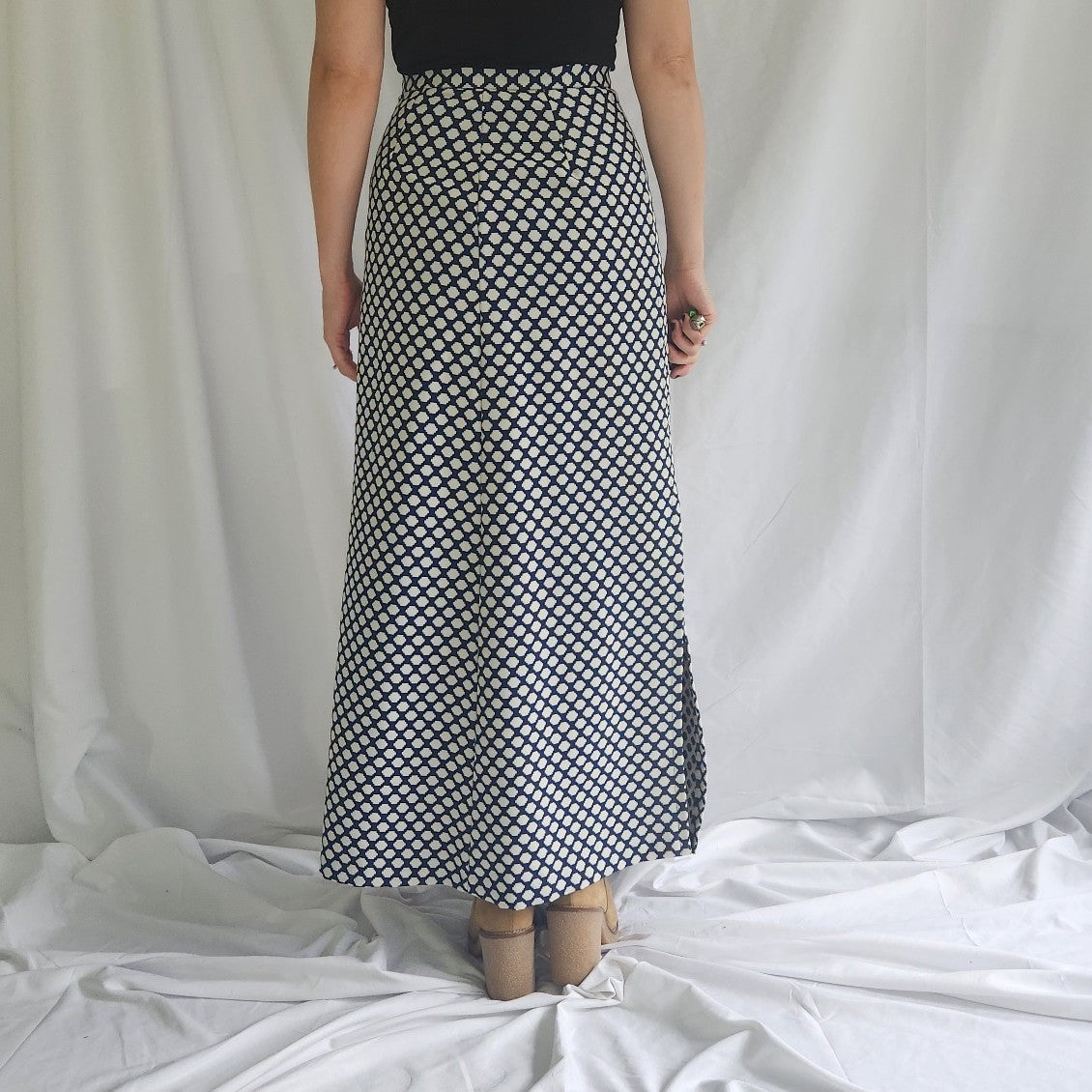 70s Navy and White Maxi Skirt
