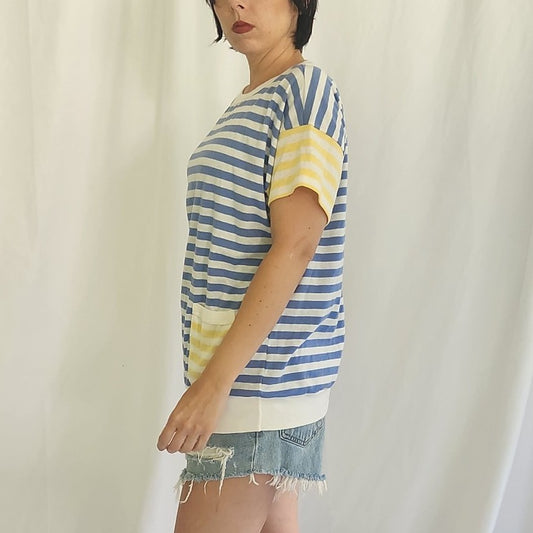 90s Blue, White, and Yellow Striped Tee