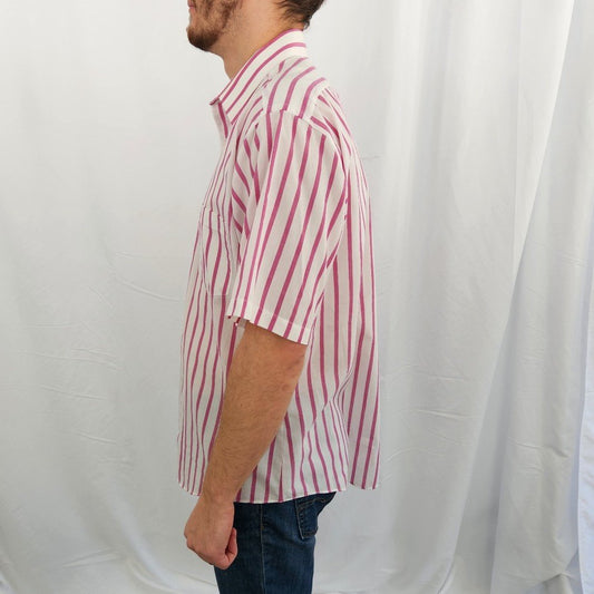 90s Pink and White Striped Short Sleeve Button Down