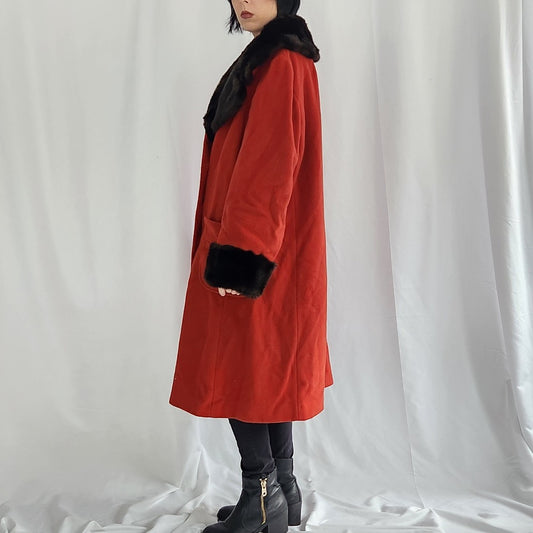70s Orange Wool Coat with Faux Fur Accents