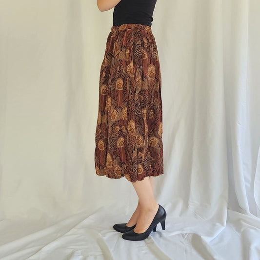 80s Brown Feather Print Midi Skirt