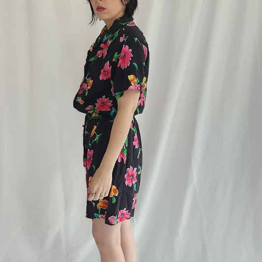80s/90s Black and Pink Floral Rayon Romper