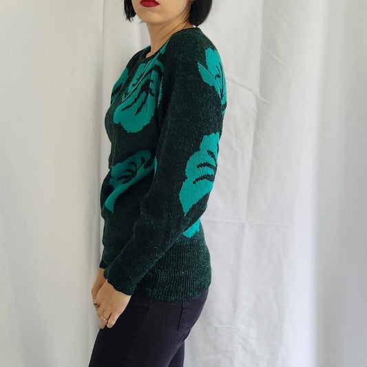 80s Teal Leaf Print Sweater