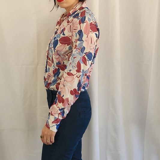 70s Pink and Blue Floral Butto Down