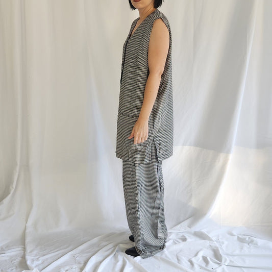 90s Beige and Navy Plaid Pants and Top Set