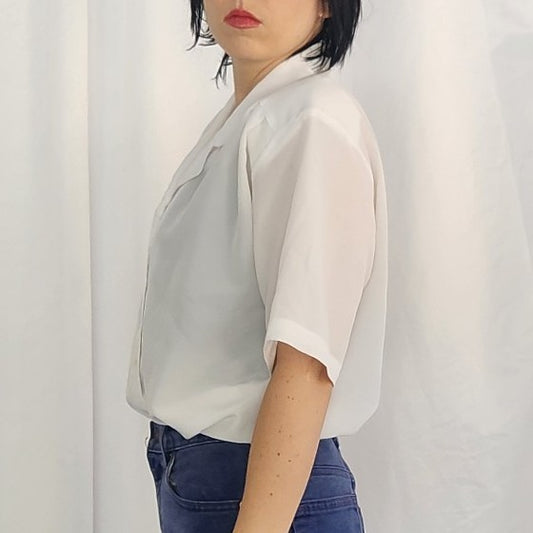 80s White Short Sleeve Button Down Blouse