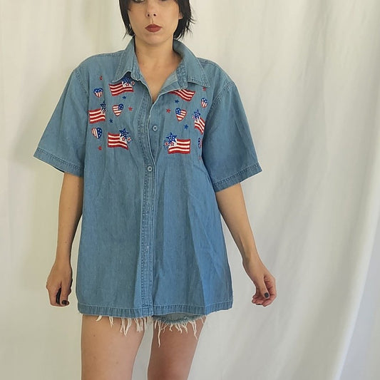 90s/00s Denim Flag Embroidered Button Down