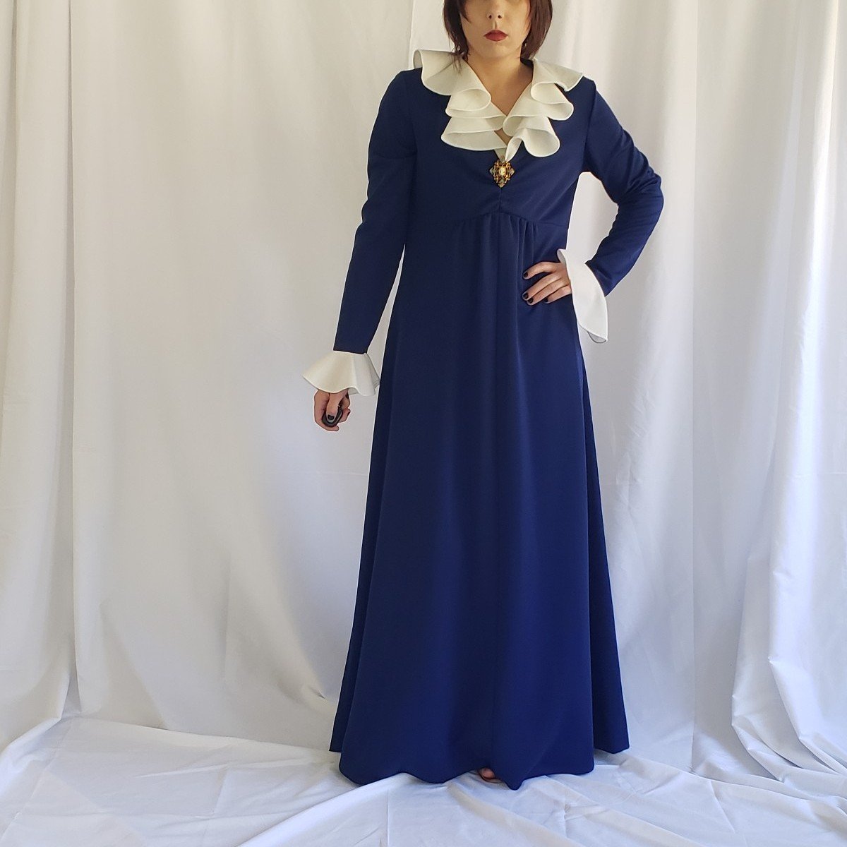 70s Blue and White Empire Waist Dress