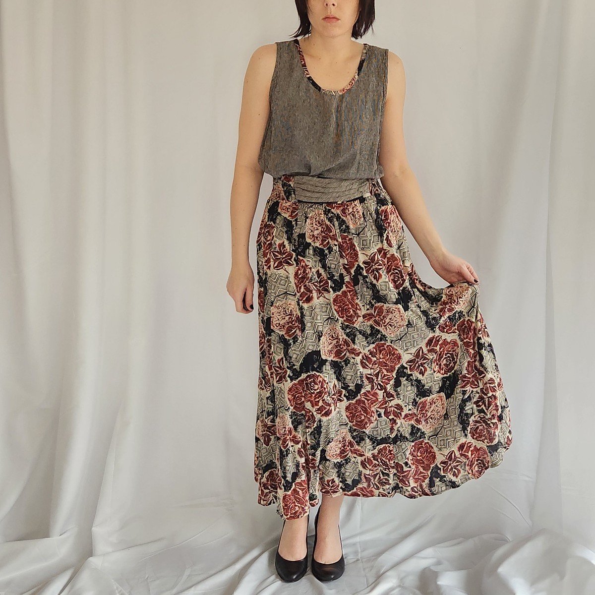 90s Floral and Stripes Rayon Skirt, Pants, and Top Set