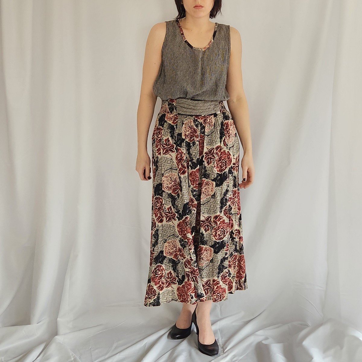 90s Floral and Stripes Rayon Skirt, Pants, and Top Set