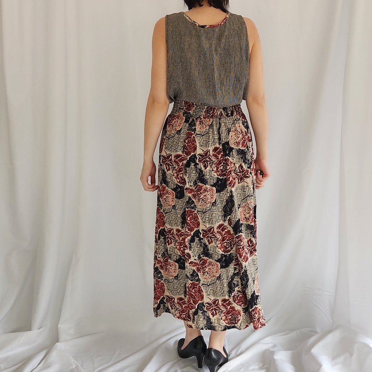 90s Floral and Stripes Rayon Skirt, Pants, and Top Set