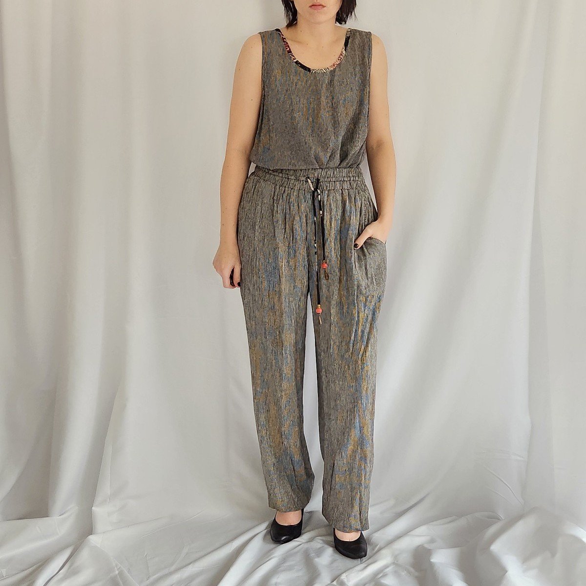 90s Floral and Stripes Rayon Skirt, Pants, and Top Set
