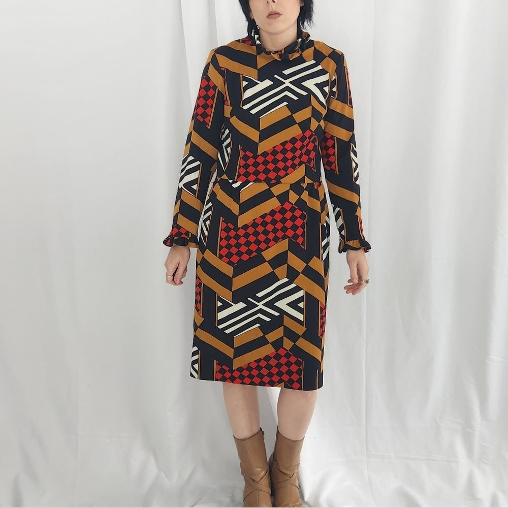 60s/70s Black, Red, and Brown Geometric Print Long Sleeve Dress