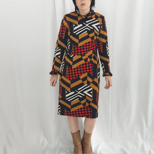 60s/70s Black, Red, and Brown Geometric Print Long Sleeve Dress