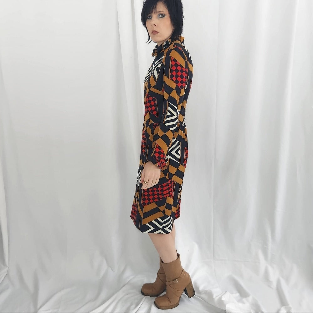 60s/70s Black, Red, and Brown Geometric Print Long Sleeve Dress