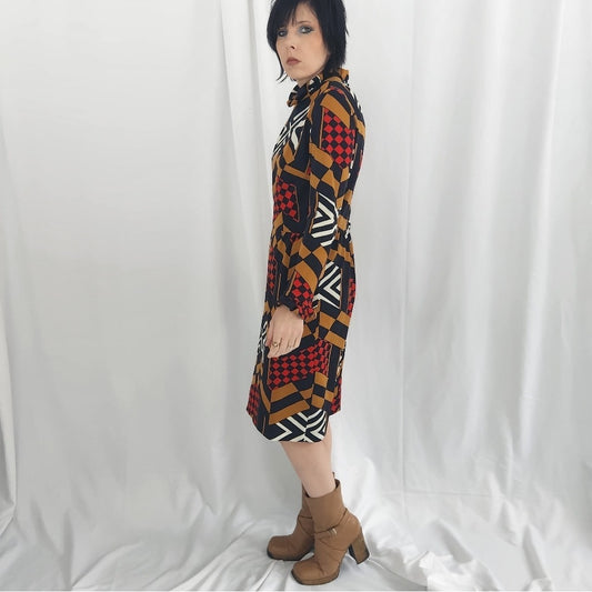 60s/70s Black, Red, and Brown Geometric Print Long Sleeve Dress