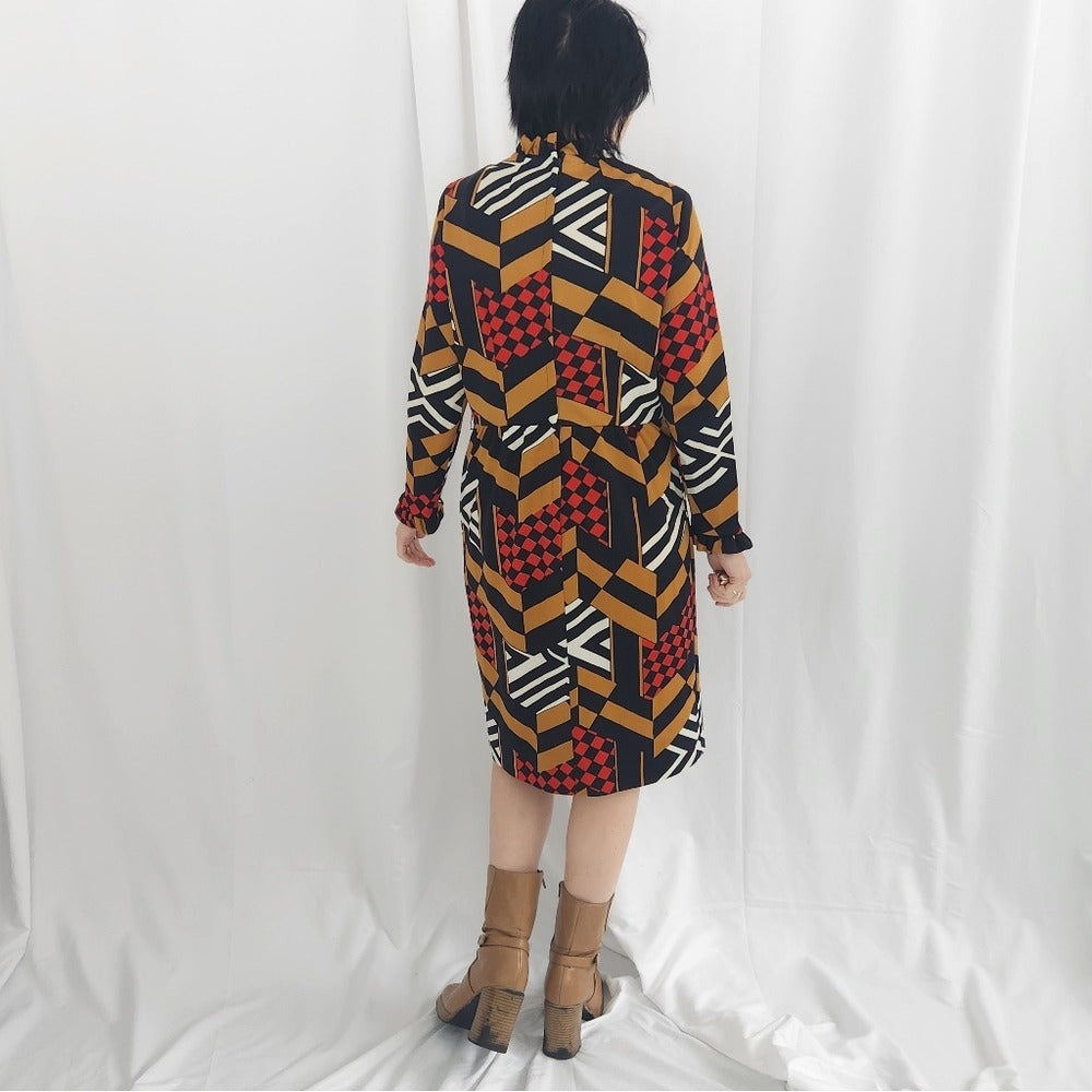60s/70s Black, Red, and Brown Geometric Print Long Sleeve Dress