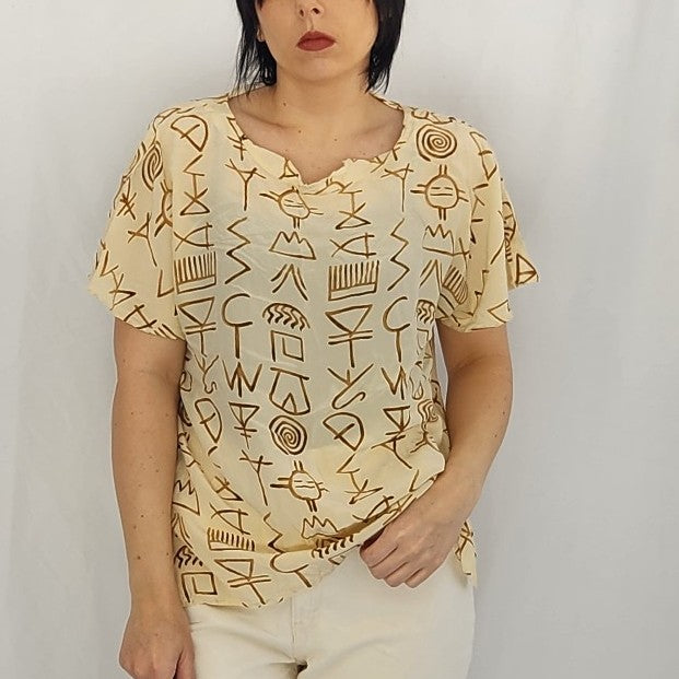 90s Ivory and Tan Funky Silk Blouse