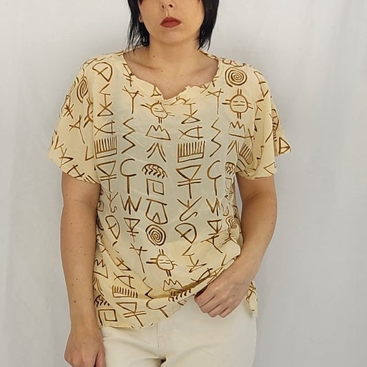 90s Ivory and Tan Funky Silk Blouse