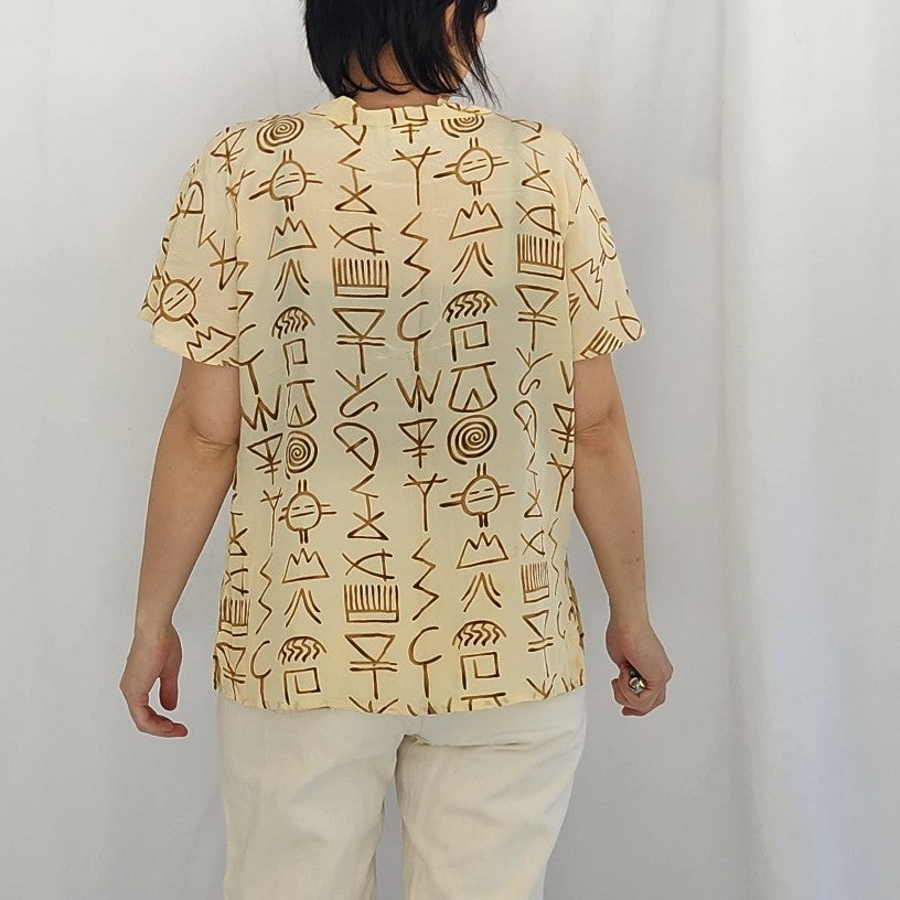 90s Ivory and Tan Funky Silk Blouse