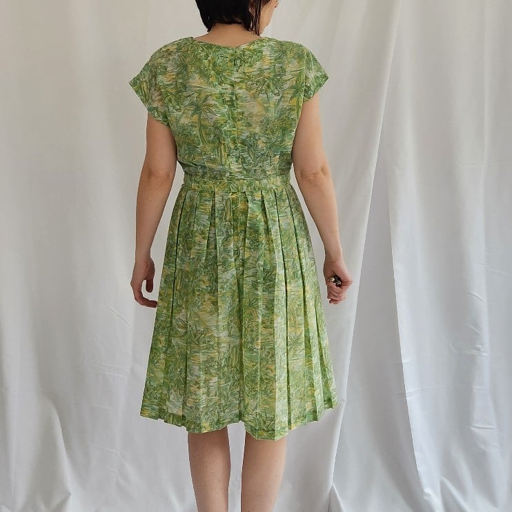 50s/60s Green and Yellow Novelty Print Dress