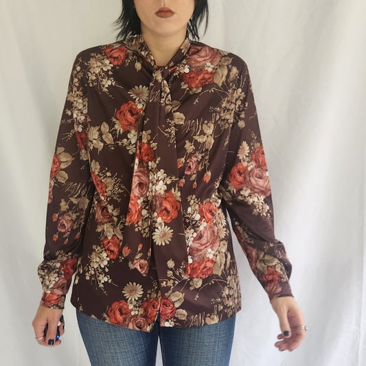 70s Brown and Pink Floral Print Button Down Blouse