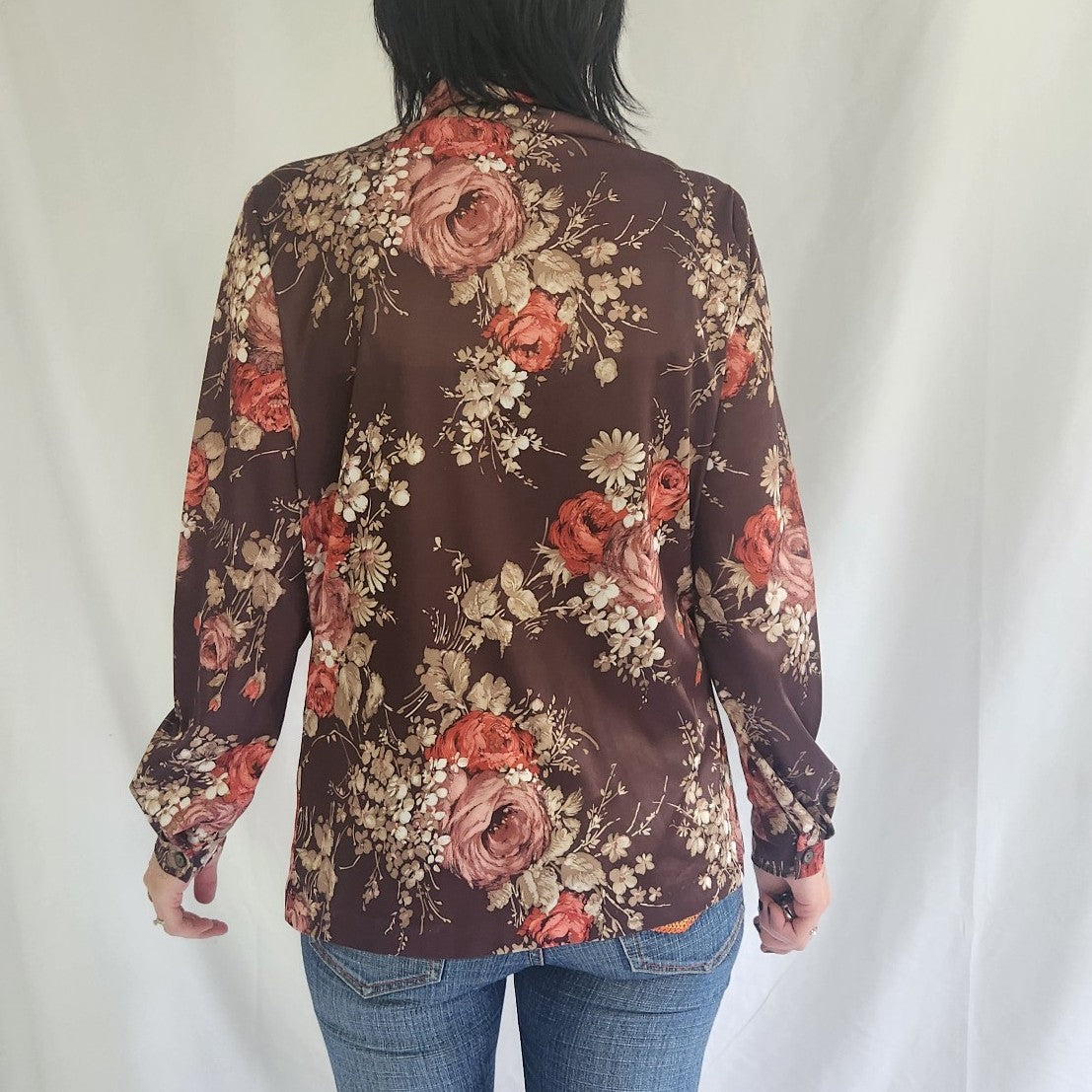 70s Brown and Pink Floral Print Button Down Blouse