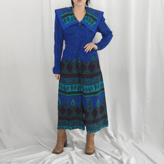 70s/80s Blue and Green Paisley Pants Set