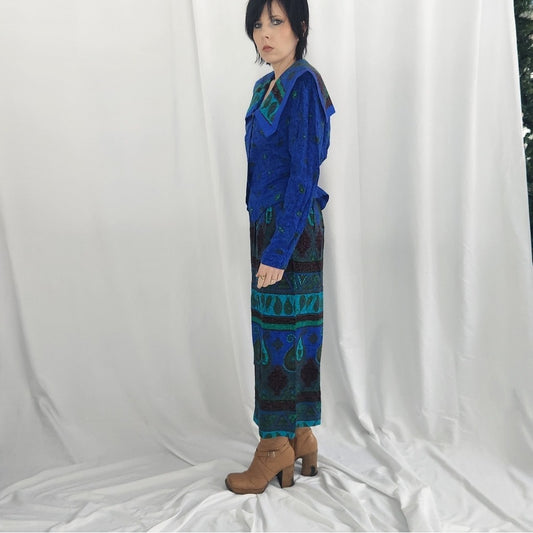 70s/80s Blue and Green Paisley Pants Set