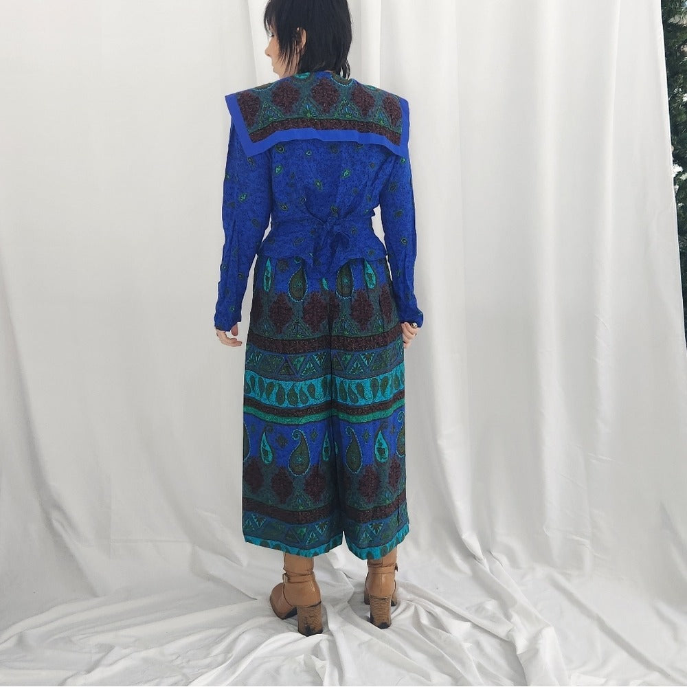 70s/80s Blue and Green Paisley Pants Set