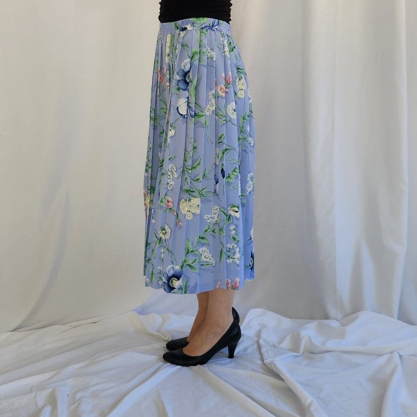 90s/00s Blue Floral Pleated Midi Skirt