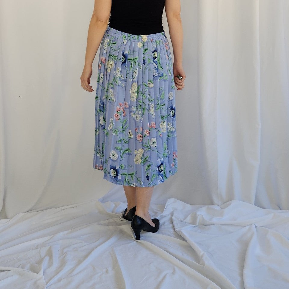 90s/00s Blue Floral Pleated Midi Skirt