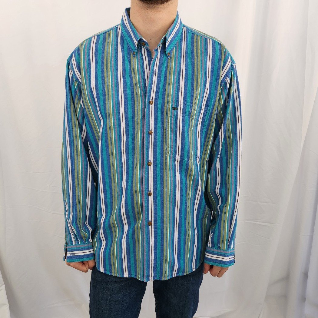 90s Teal and Green Striped Cotton Button Down