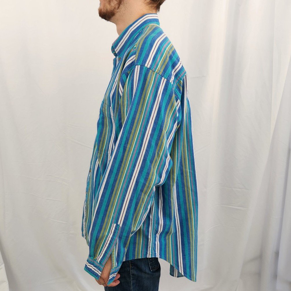 90s Teal and Green Striped Cotton Button Down