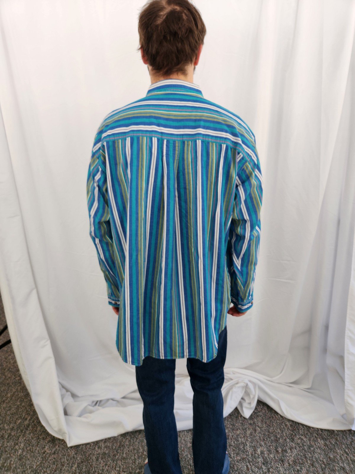 90s Teal and Green Striped Cotton Button Down